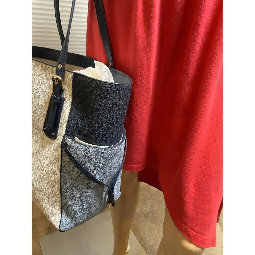 Michael Kors Blue Leather Logo Print Tote Handbag Dual Handles Sz 11x11 Luxe Bag - Picture 5 of 14